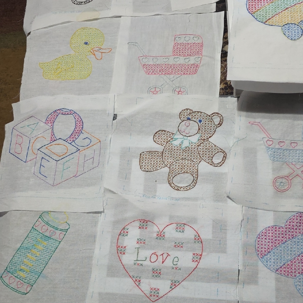 12 Completed Embroidered Quilt Squares for a Baby Blanket Approx. 8" X 8"